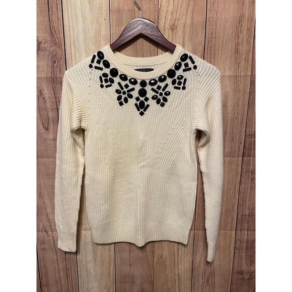 Ann Taylor Small/Petite Crew Neck Sweater NWT Cream Black Embellished Elegant - Picture 4 of 11